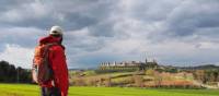 A walker admiring the hilltop town of Monteriggioni on the Via Francigena, Italy | Brad Atwal